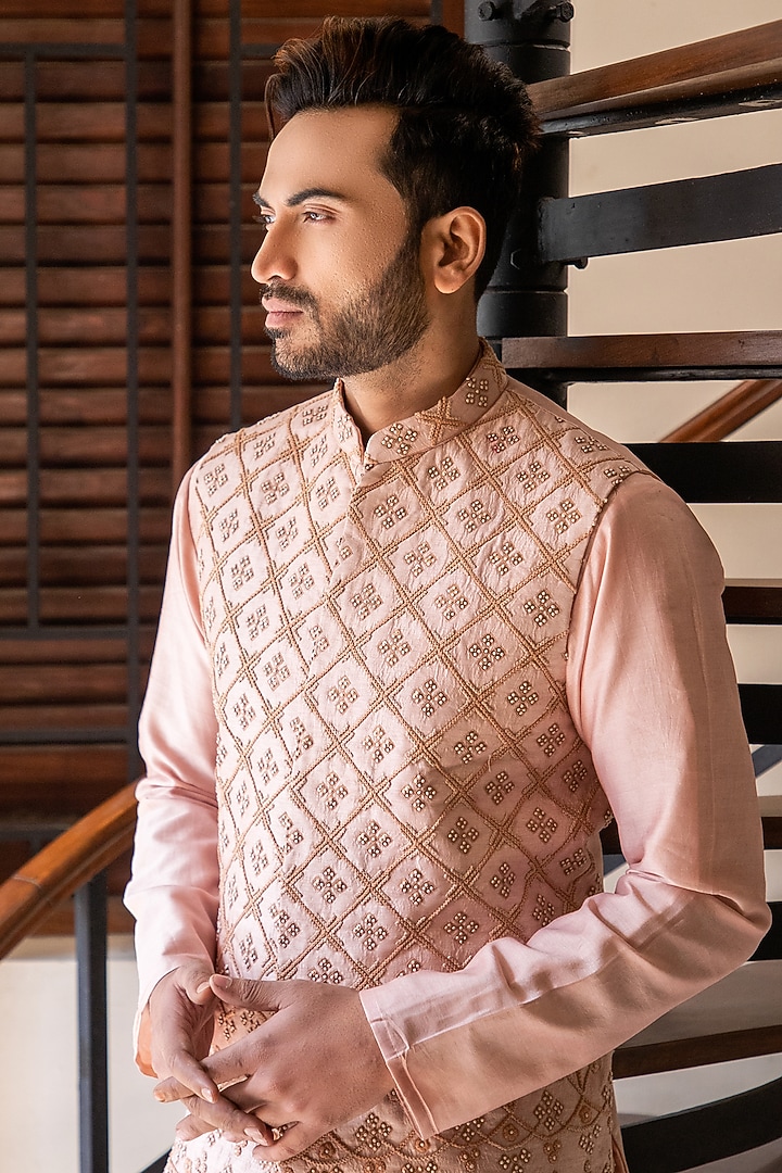 Rose Pink Silk Chanderi Hand Embroidered Bundi Jacket Set by Darshika at Pernia's Pop Up Shop