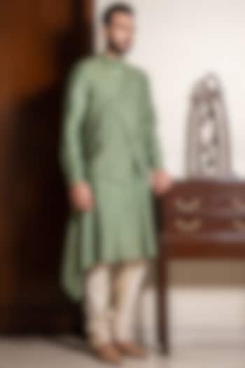 Dusty Green Hand Embroidered Bundi Jacket With Kurta Set by Darshika