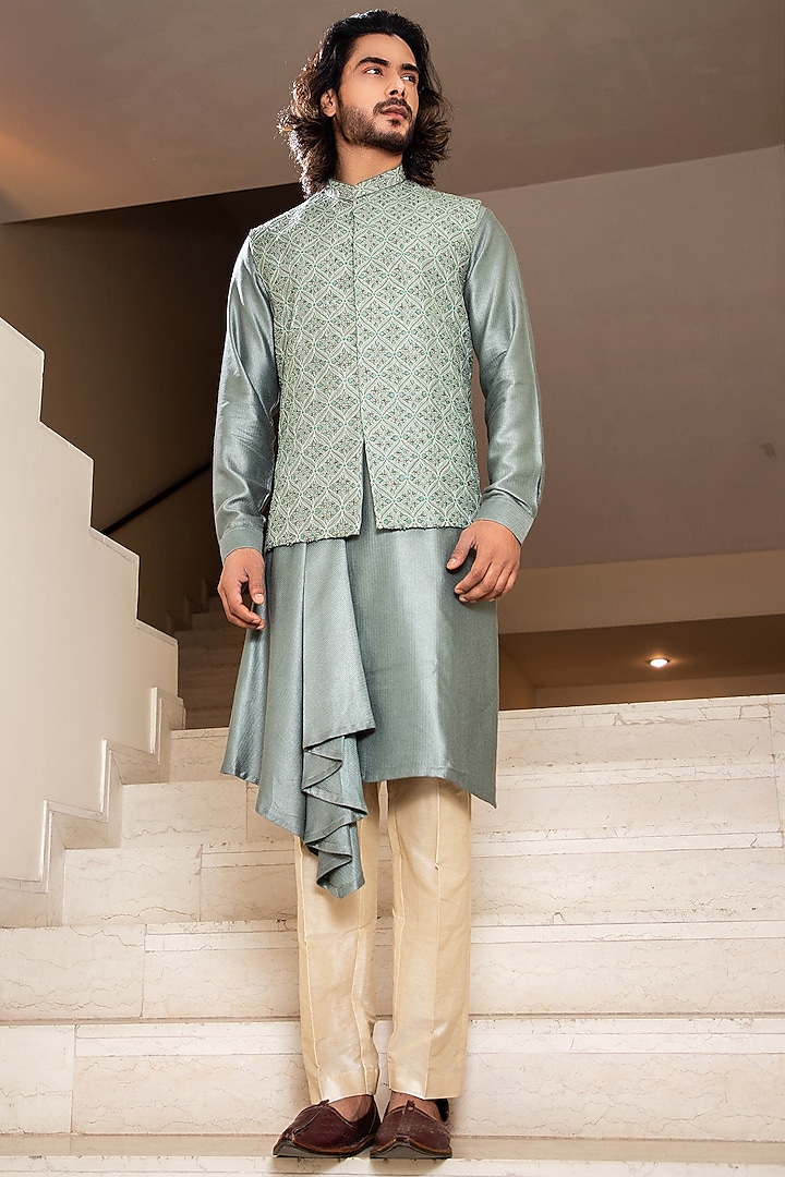 Sage Green & Grey Silk Blend Bundi Jacket Set by Darshika