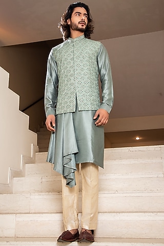 Sage Green & Grey Silk Blend Bundi Jacket Set by Darshika