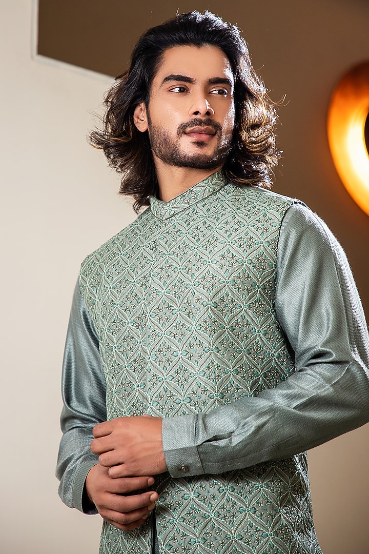 Sage Green & Grey Silk Blend Bundi Jacket Set by Darshika at Pernia's Pop Up Shop