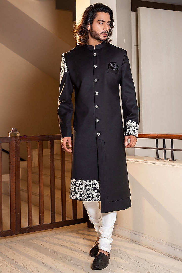 Black Hand Embroidered Wedding Indowestern Set by Darshika at Pernia's Pop Up Shop