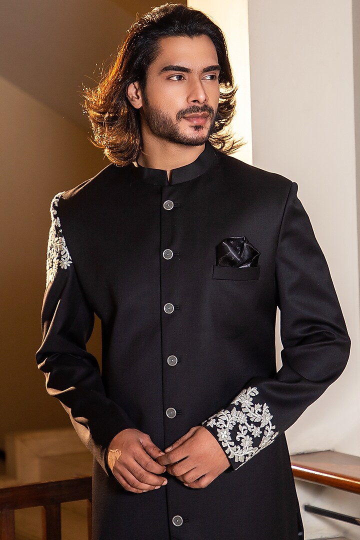 Black Hand Embroidered Wedding Indowestern Set by Darshika at Pernia's Pop Up Shop