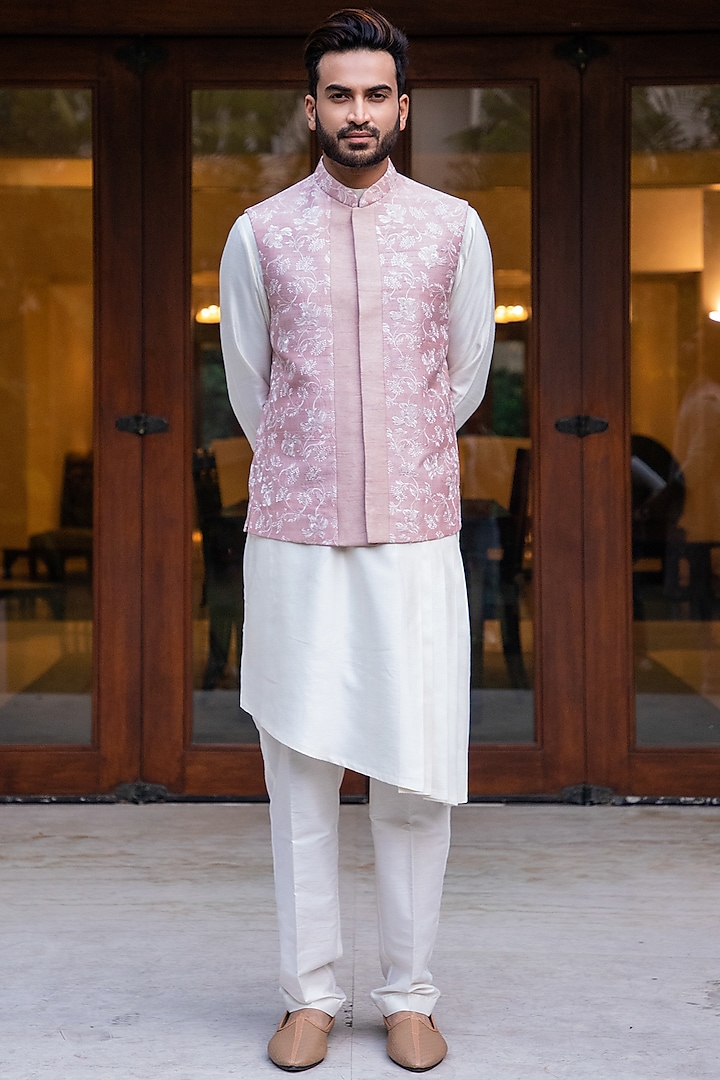 Onion Pink Bundi Jacket With Off-White Pleated Kurta Set Design by ...