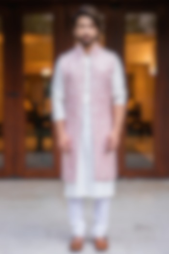 Onion Pink Indo-Western Jacket With Off-White Kurta Set by Darshika