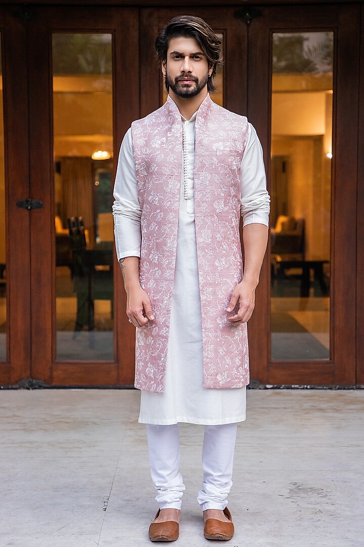 Onion Pink Indo-Western Jacket With Off-White Kurta Set by Darshika