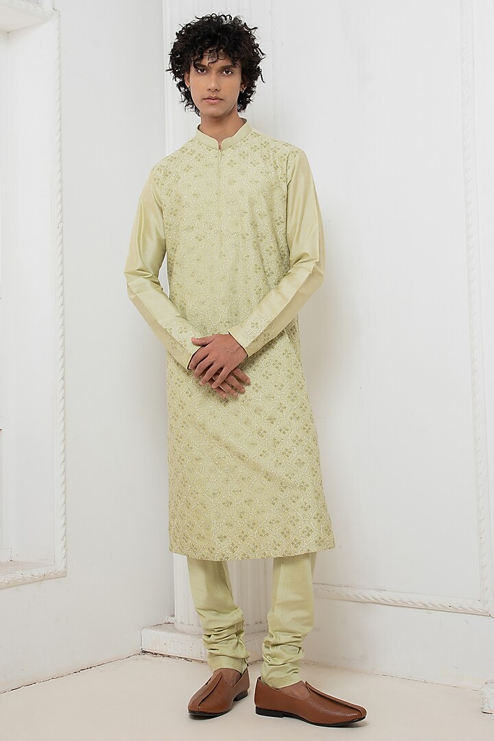 Light Green Cotton Silk Thread Embroidered Kurta Set by Darshika