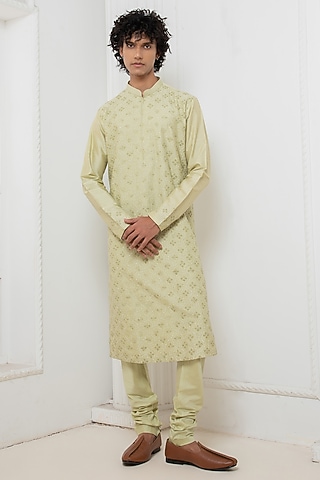 Light Green Cotton Silk Thread Embroidered Kurta Set by Darshika