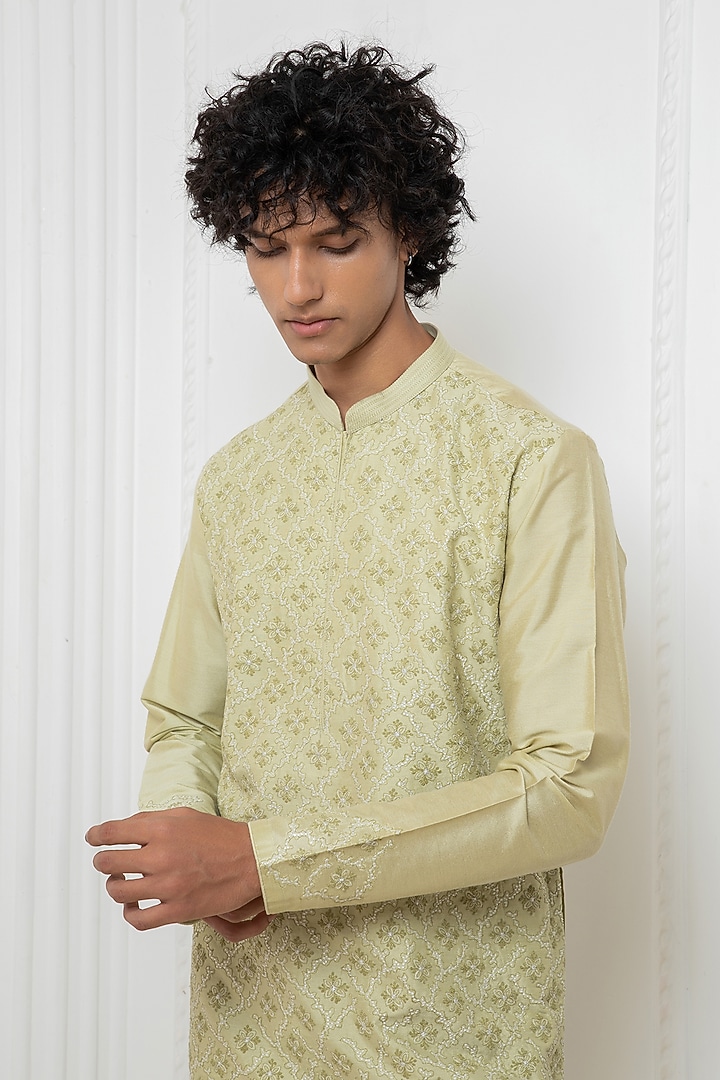 Light Green Cotton Silk Thread Embroidered Kurta Set by Darshika at Pernia's Pop Up Shop