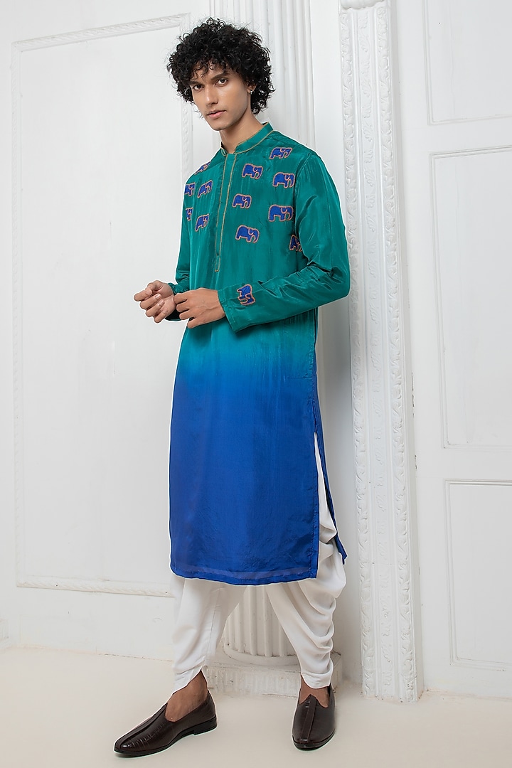 Peacock Green & Turquoise Silk Motif Applique Embroidered Kurta Set by Darshika