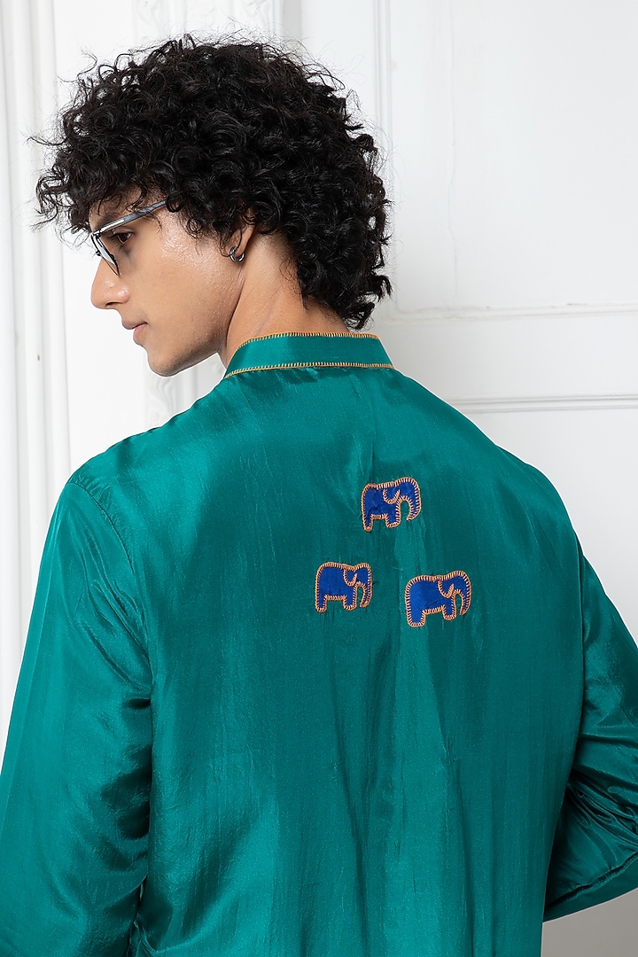 Peacock Green & Turquoise Silk Motif Applique Embroidered Kurta Set by Darshika at Pernia's Pop Up Shop