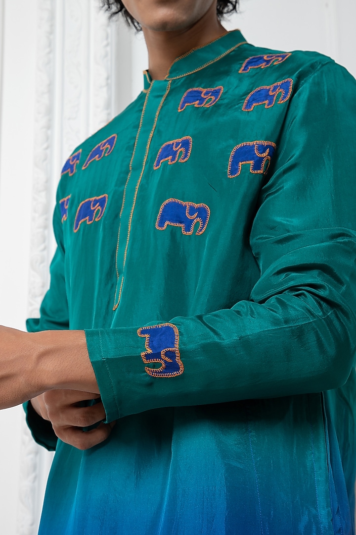 Peacock Green & Turquoise Silk Motif Applique Embroidered Kurta Set by Darshika at Pernia's Pop Up Shop