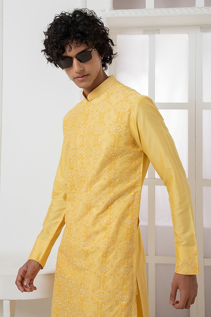 Yellow Cotton Silk Thread Embroidered Kurta Set by Darshika at Pernia's Pop Up Shop