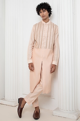 Light Pink Cotton Silk Zardosi Hand Embroidered Pleated Kurta Set by Darshika