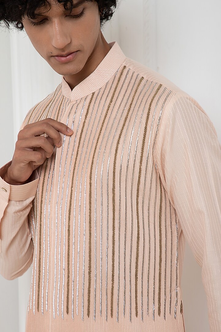 Light Pink Cotton Silk Zardosi Hand Embroidered Pleated Kurta Set by Darshika at Pernia's Pop Up Shop