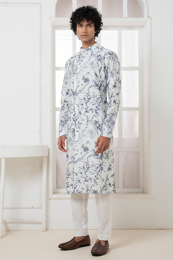 Ivory Chanderi Floral Motif Asymmetric Kurta Set by Darshika