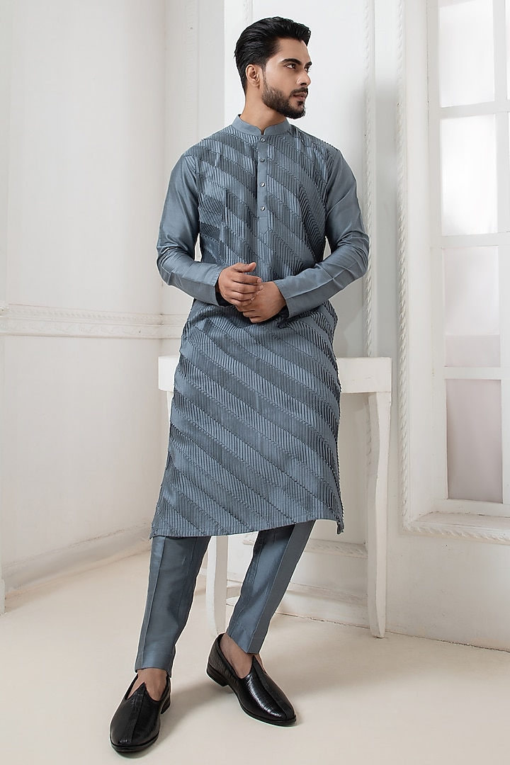 Grey Cotton Silk Kurta Set by Darshika