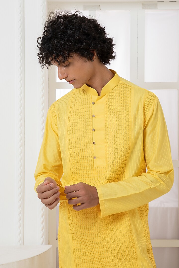 Yellow Cotton Silk Kurta Set by Darshika at Pernia's Pop Up Shop