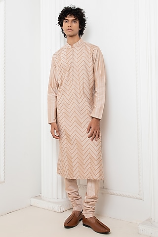 Rose Pink Cotton Silk Chevron Kurta Set by Darshika