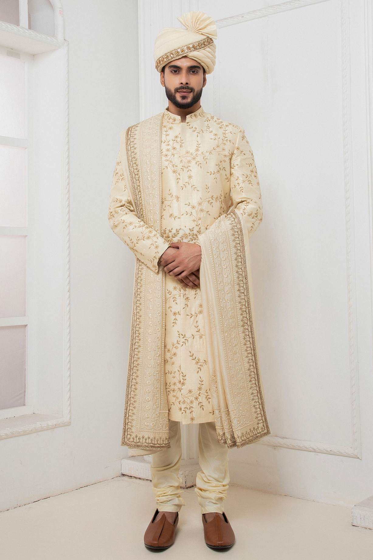 Beige Geometric Embroidered Raw Silk Sherwani Set main image 0