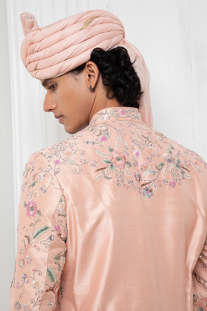 Pink Raw Silk Floral Motif Embroidered Wedding Sherwani Set by Darshika at Pernia's Pop Up Shop
