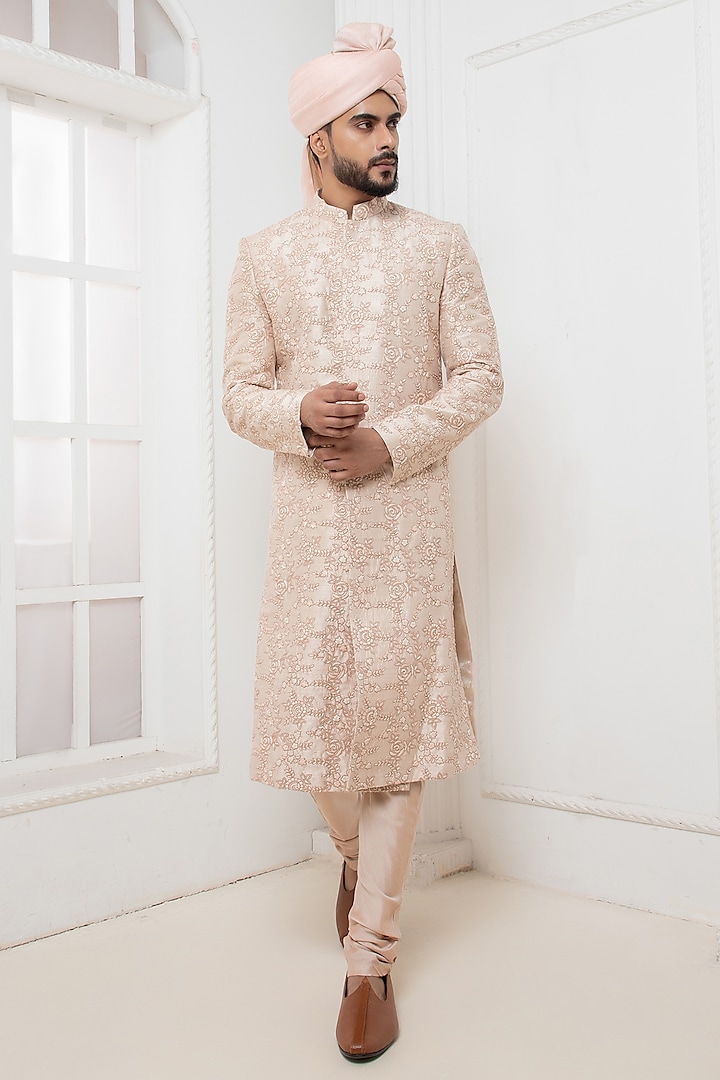 Rose Pink Raw Silk Floral Motif Embroidered Sherwani Set by Darshika