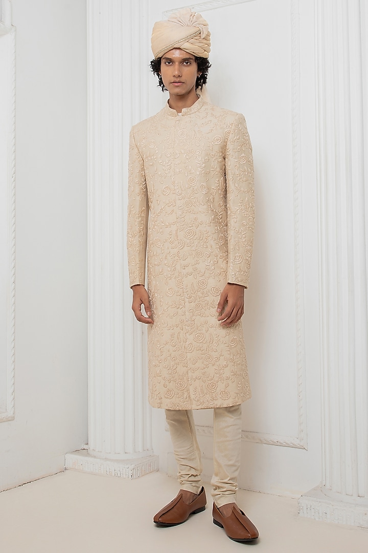 Beige Silk Hand Embroidered Sherwani Set by Darshika