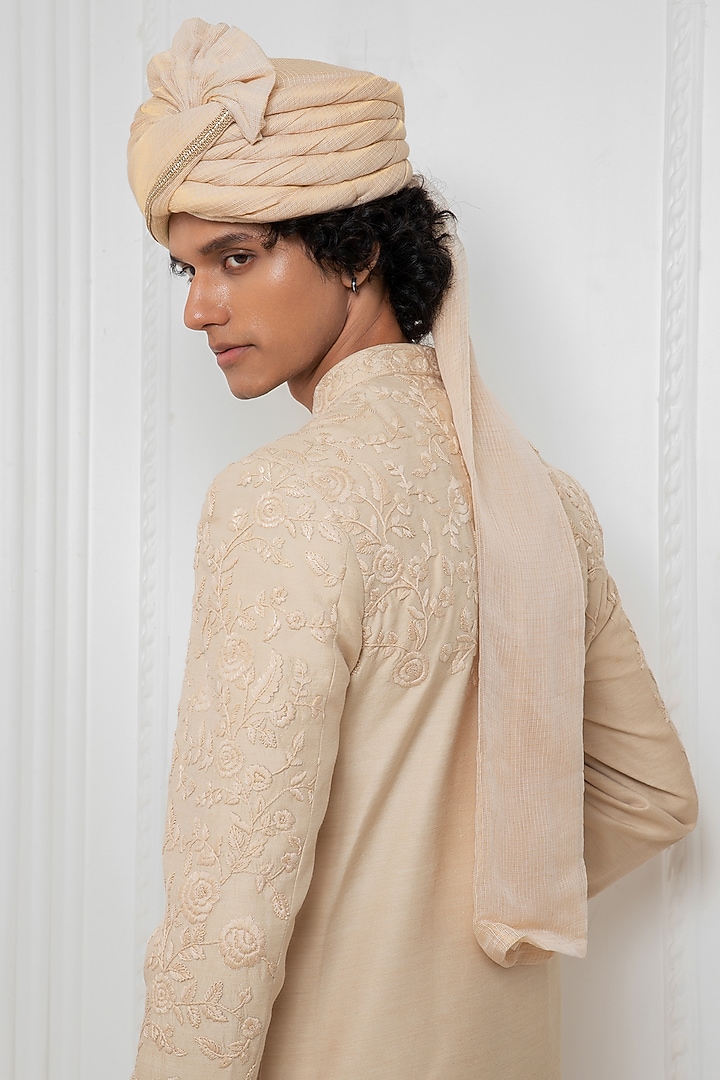 Beige Silk Hand Embroidered Groom Sherwani Set by Darshika at Pernia's Pop Up Shop