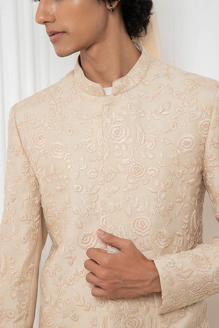Beige Silk Hand Embroidered Groom Sherwani Set by Darshika at Pernia's Pop Up Shop