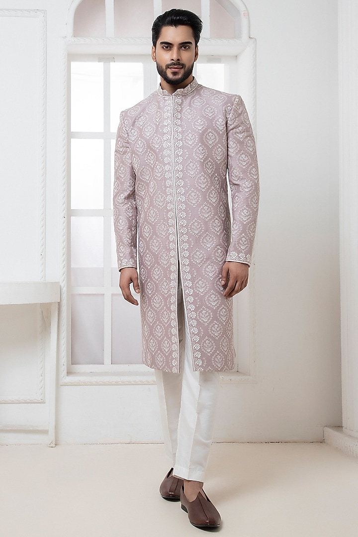 Mauve Silk Blend Thread Work Sherwani Set by Darshika