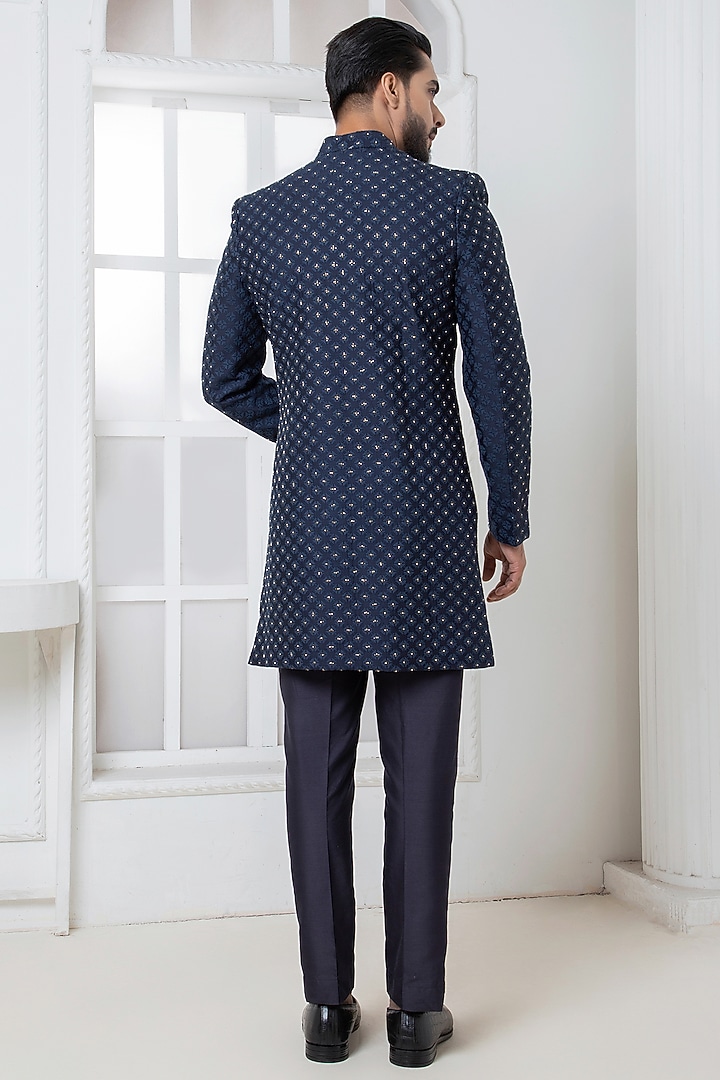 Navy Blue Silk Blend Cutdana Embroidered Wedding Bandhgala Set by Darshika at Pernia's Pop Up Shop