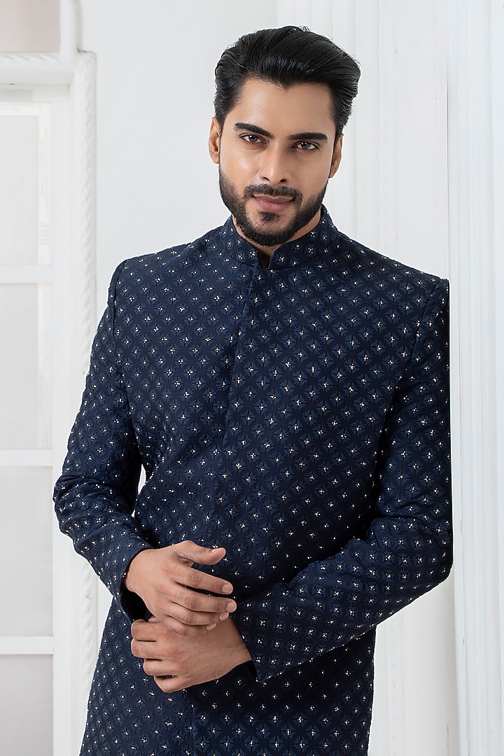 Navy Blue Silk Blend Cutdana Embroidered Wedding Bandhgala Set by Darshika at Pernia's Pop Up Shop