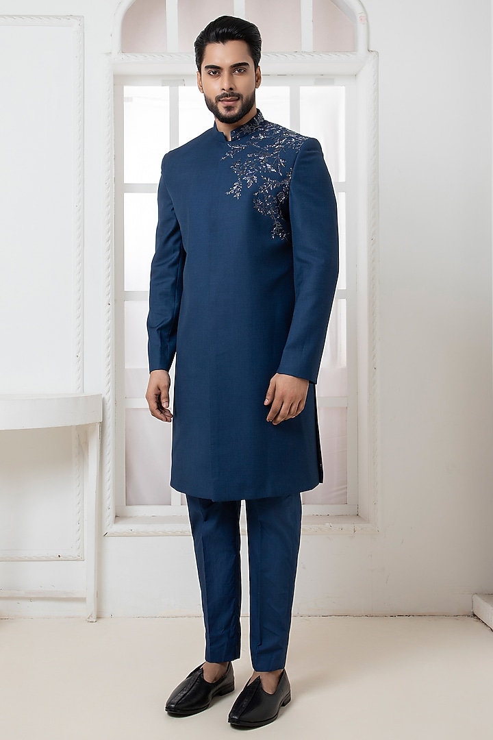 Royal Blue Suiting Motif & Cutdana Embroidered Bandhgala Set by Darshika at Pernia's Pop Up Shop