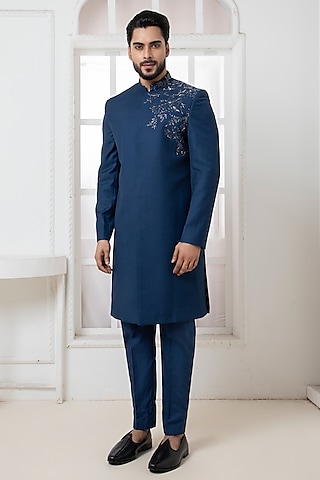 Royal Blue Suiting Motif & Cutdana Embroidered Bandhgala Set by Darshika