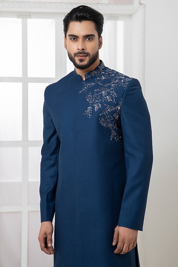 Royal Blue Suiting Motif & Cutdana Embroidered Wedding Bandhgala Set by Darshika at Pernia's Pop Up Shop