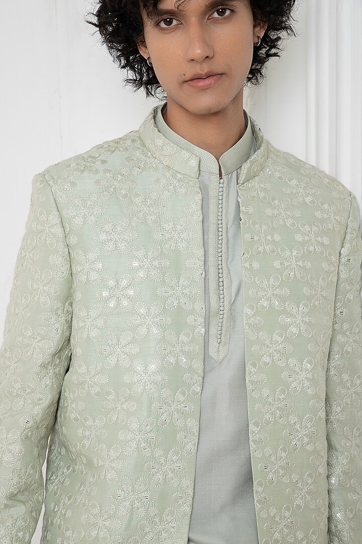 Aqua Silk Blend Floral Embroidered Wedding Indowestern Set by Darshika at Pernia's Pop Up Shop