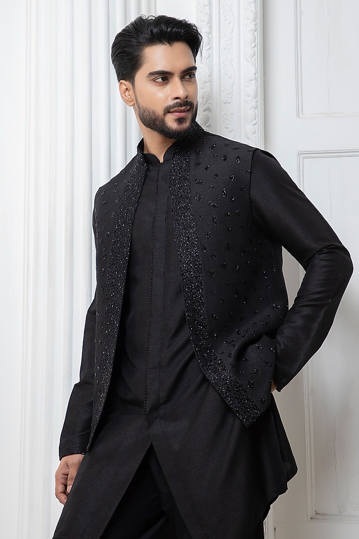 Black Silk Blend Cutdana Embroidered Open Wedding Indowestern Set by Darshika at Pernia's Pop Up Shop