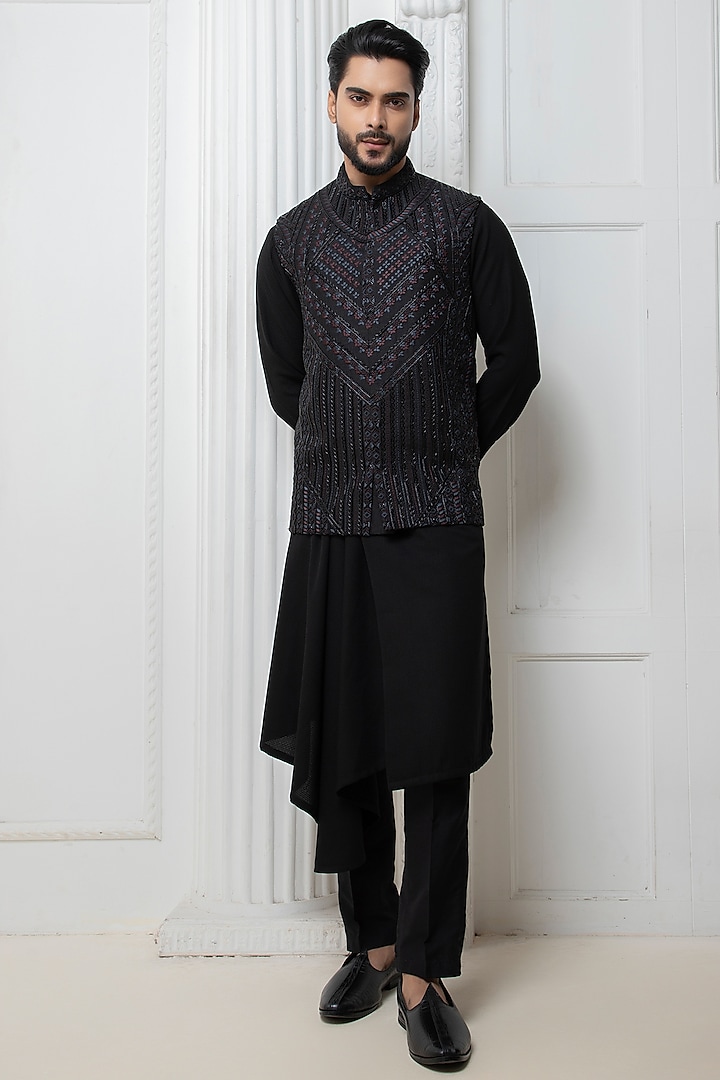 Black Silk Blend Hand Embellished Nehru Jacket Set by Darshika