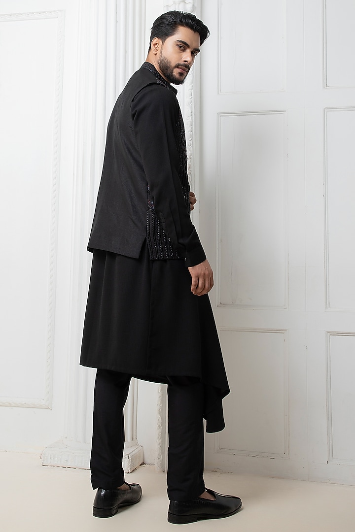 Black Silk Blend Hand Embellished Nehru Jacket Set by Darshika at Pernia's Pop Up Shop