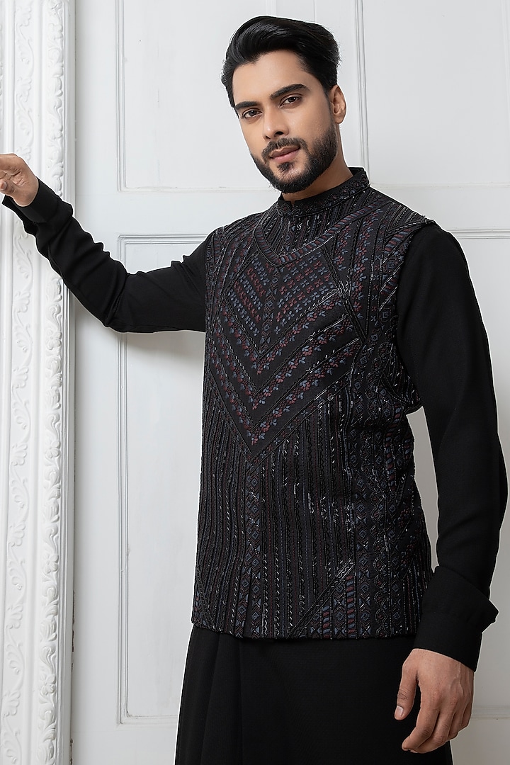 Black Silk Blend Hand Embellished Nehru Jacket Set by Darshika at Pernia's Pop Up Shop