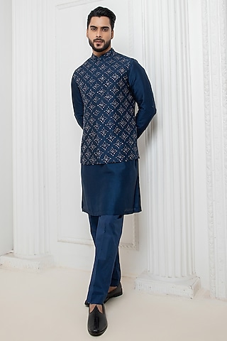 Blue Silk Blend Zari Hand Embellished Jacket Set by Darshika