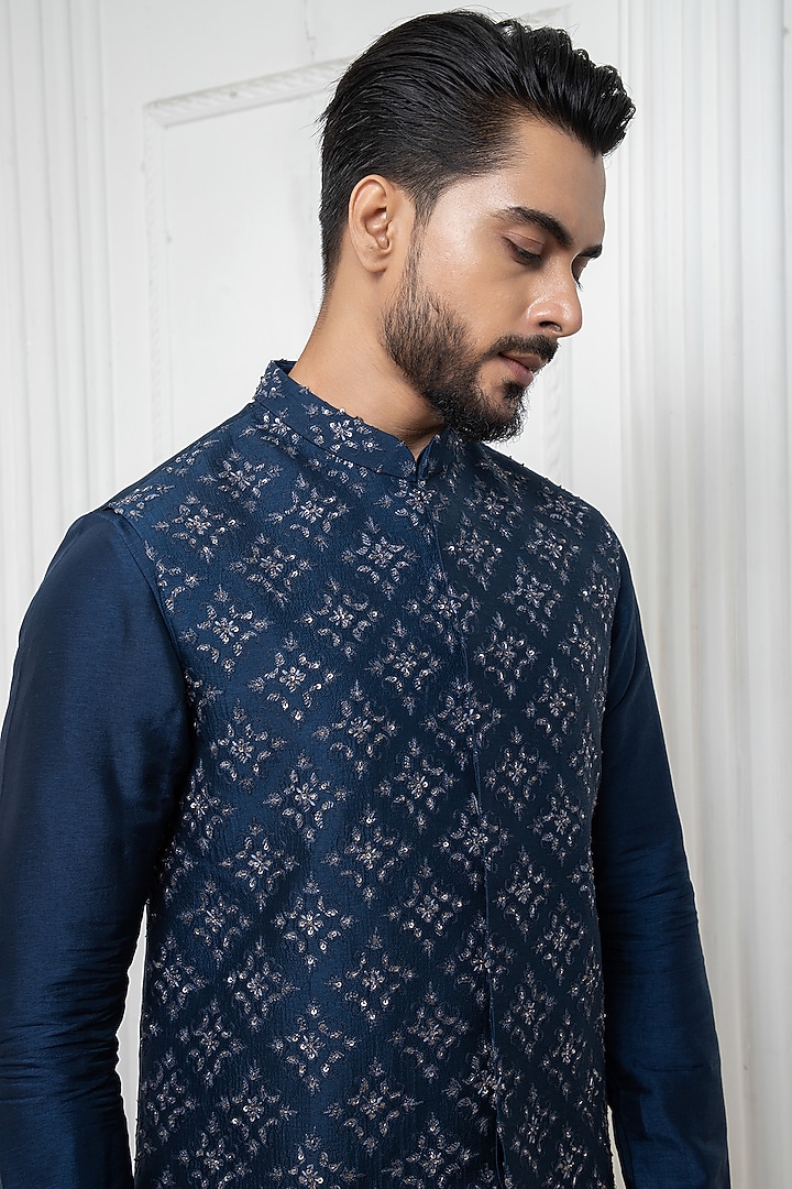 Blue Silk Blend Zari Hand Embellished Jacket Set by Darshika at Pernia's Pop Up Shop