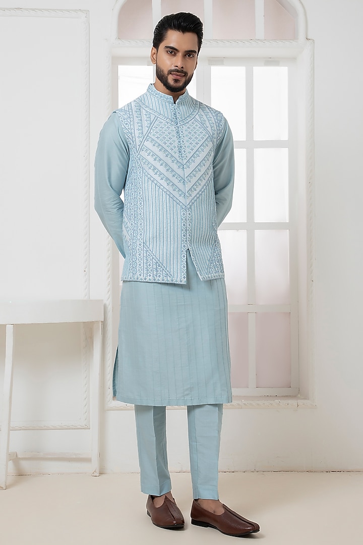 Blue Silk Blend Thread Work Nehru Jacket Set by Darshika