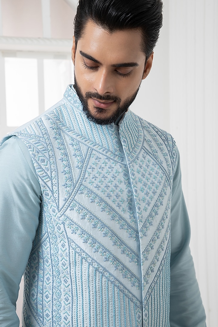 Blue Silk Blend Thread Work Nehru Jacket Set by Darshika at Pernia's Pop Up Shop