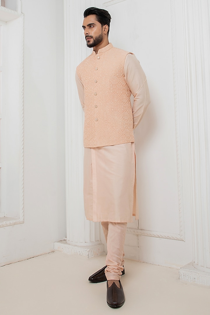 Pink Cotton Silk Thread Work Nehru Jacket Set by Darshika