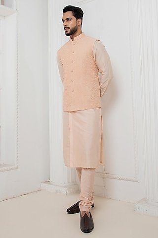 Pink Cotton Silk Thread Work Nehru Jacket Set by Darshika