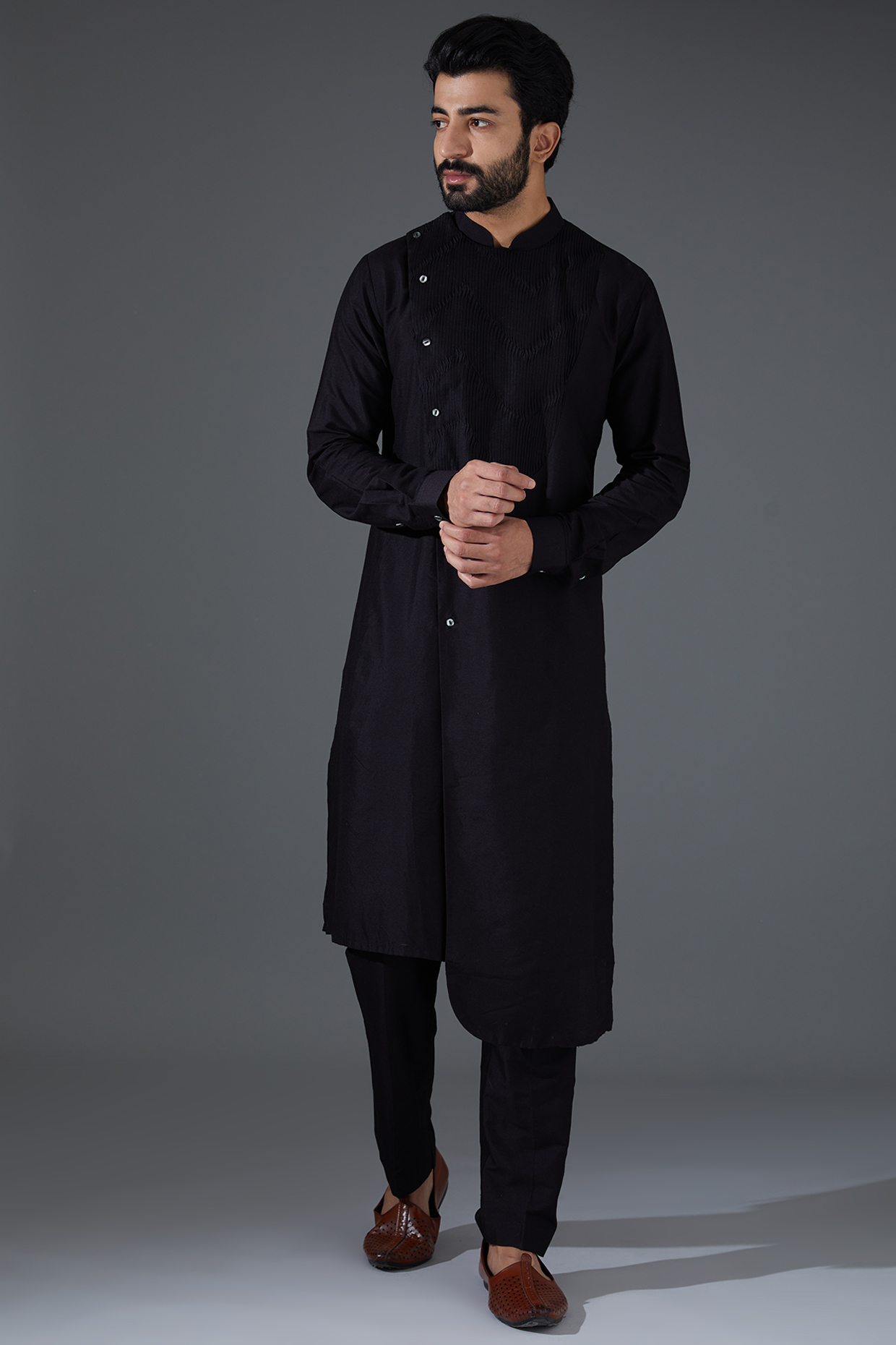 Black Cotton Silk Asymmetrical Kurta Set by Darshika
