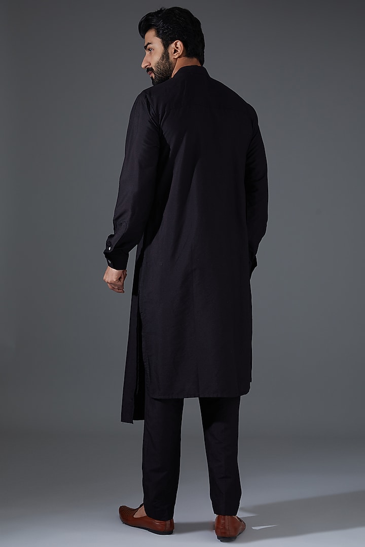 Black Cotton Silk Asymmetrical Kurta Set by Darshika at Pernia's Pop Up Shop