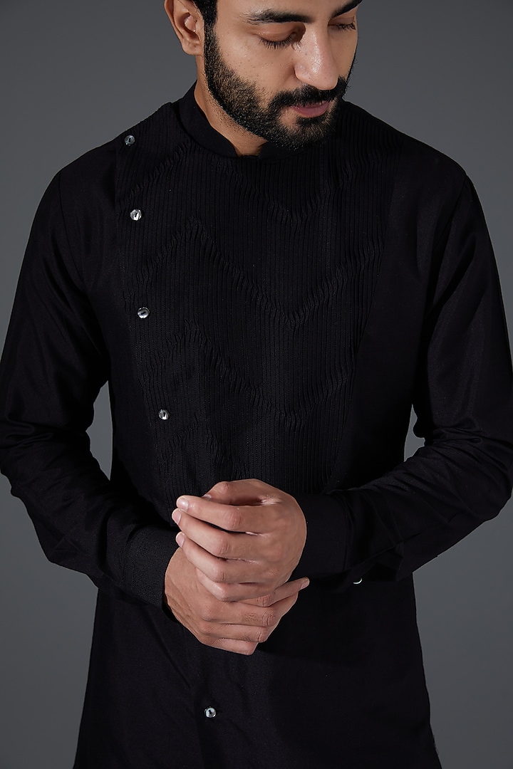 Black Cotton Silk Asymmetrical Kurta Set by Darshika at Pernia's Pop Up Shop