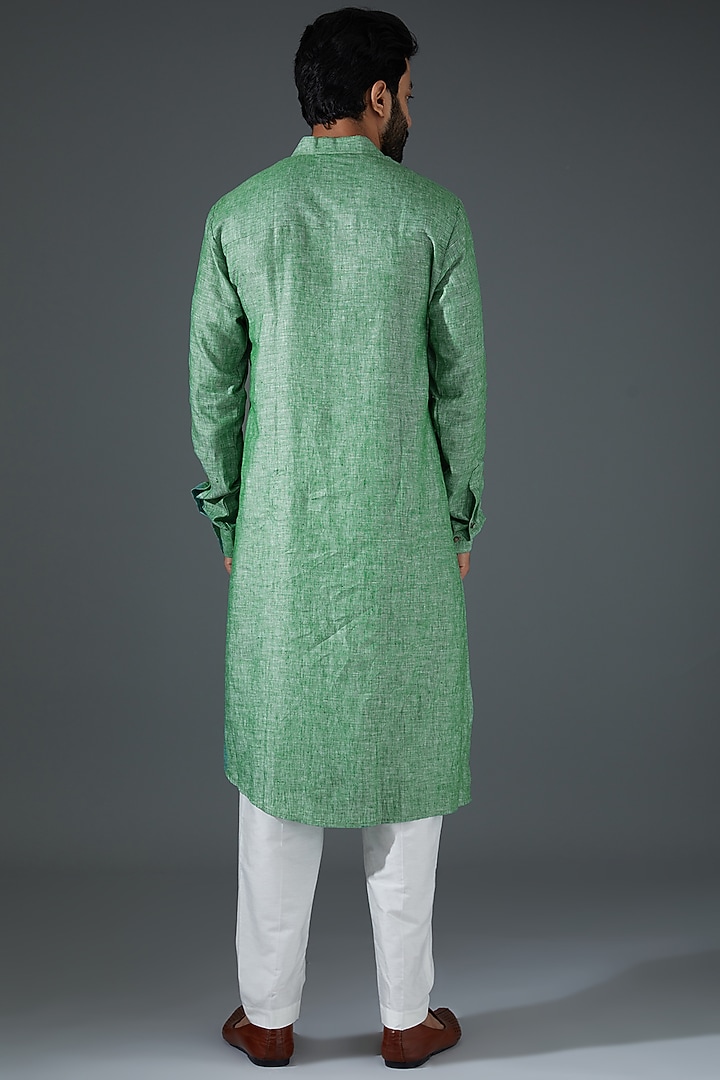 Green Linen Asymmetrical Kurta Set by Darshika at Pernia's Pop Up Shop